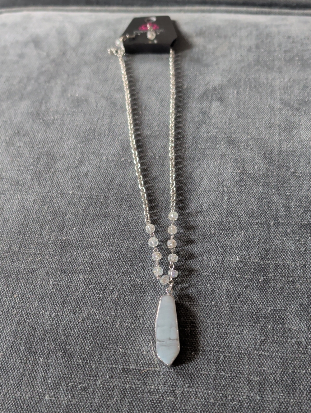 paparazzi Silver Necklace with White Opal-Look Pendant and Clear Beads